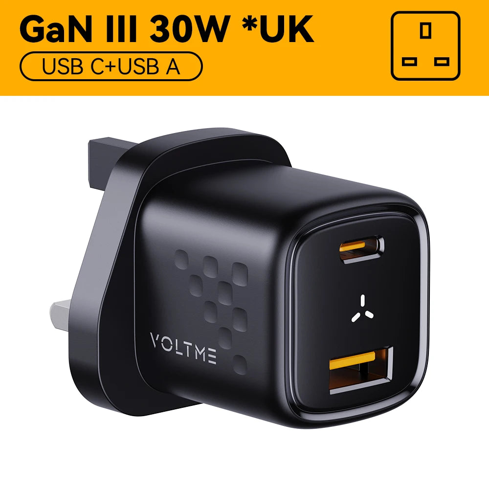 VOLTME USB C Pengecas Pantas 30W Pengecas GaN QC PD 3.0 Penyesuai Mudah Alih Dwi Port Untuk IPhone 13 12 IPad Pengecas Dinding Cepat Xiaomi