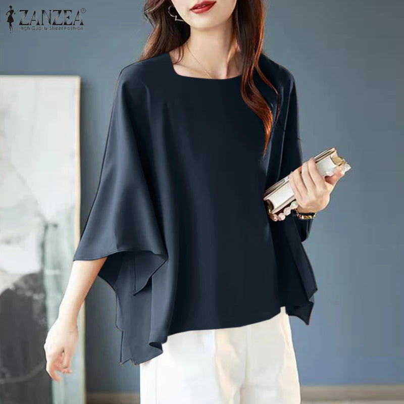 ZANZEA Women Ladies Designer Tops Dolman 3/4 Sleeve Blouse 2024 Summer Round Neck Shirt Casual Baggy Blusas Elegant Office Tunic