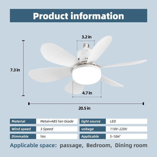 Socket Ceiling Fan with Light,20.5in Screw Ceiling Fans with Lights,LED Mini Ceiling Fans for Bedroom/Garage/Kitchen(White)