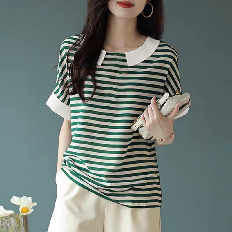 ZANZEA Women Plaid T-shirts Korean Doll Collar Simple Tees 2024 Summer Short Sleeve Tops Casual Colorblock Drop Shoulder Tunics