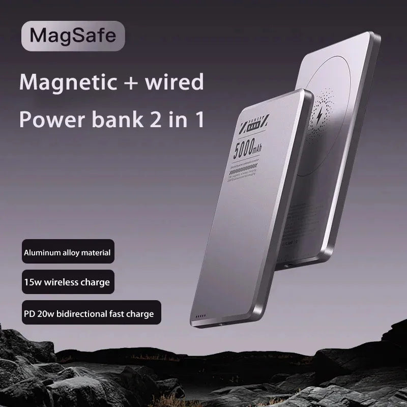 Pengecas Mudah Alih Ultra-Slim Bank Kuasa 5000mAh Bank Kuasa Wayarles Magnet Pengecasan Super Pantas untuk iPhone Samsung 2025 Baharu