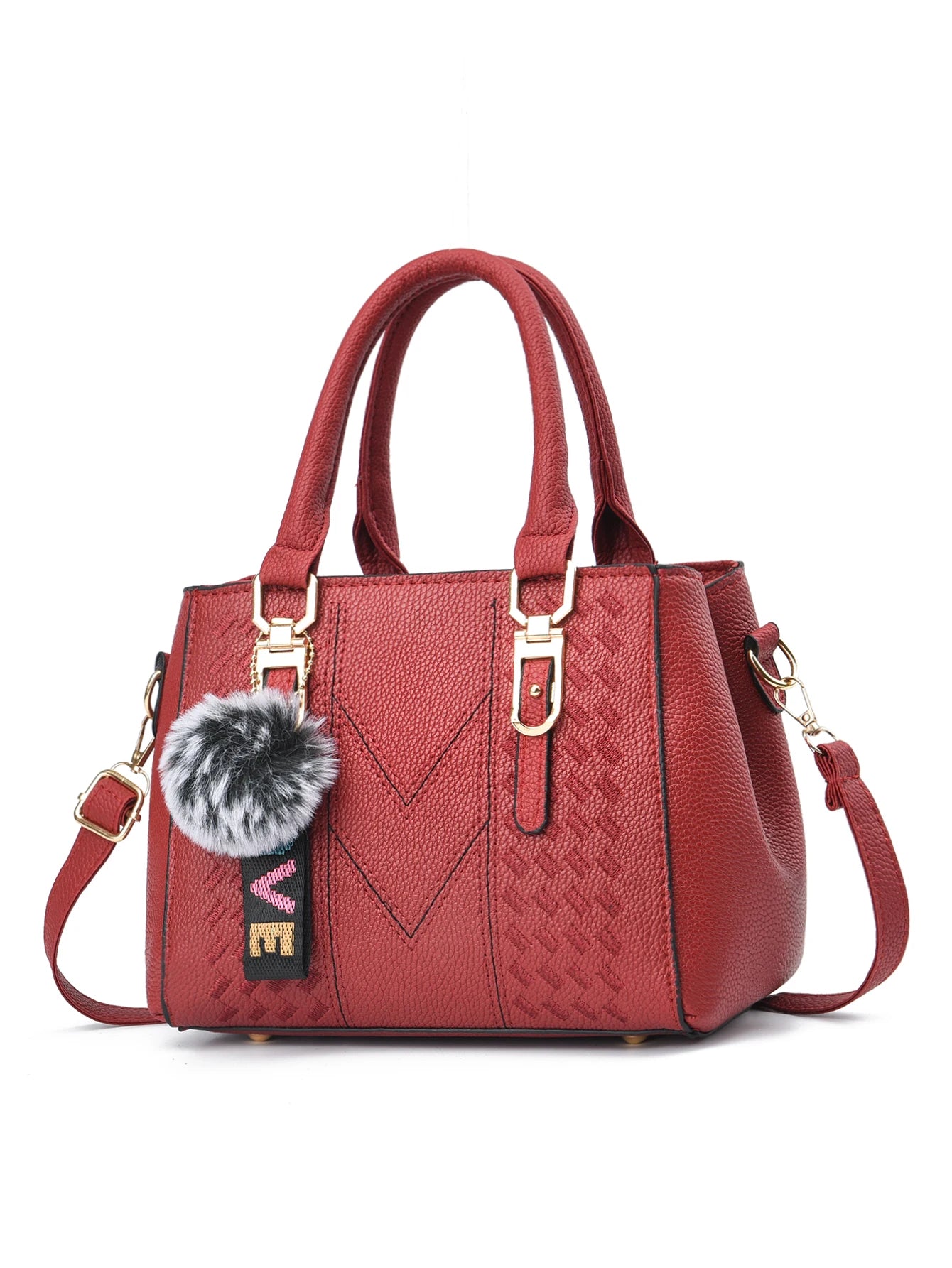 Beg Satchel Terperinci Sulaman, Beg Selempang Kulit PU Bergaya, Dompet Tangan Berganda Wanita Dengan Loket