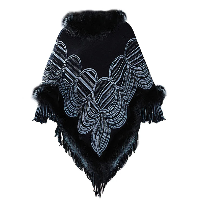 Musim sejuk Knitted Ponco Cape Bulu Pullover Longgar Wanita Segitiga Panjang Faux Cashmere Oversize Round Corak Rumbai Kot Outstreet