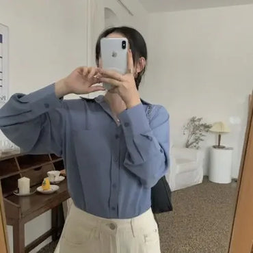 Kemeja Wanita Pejabat Wanita Anggun Tulen Gaya Korea Ringkas Blaus Lengan Panjang Santai Wanita Semua Padanan Longgar Setiap Hari Nipis Chic Baru