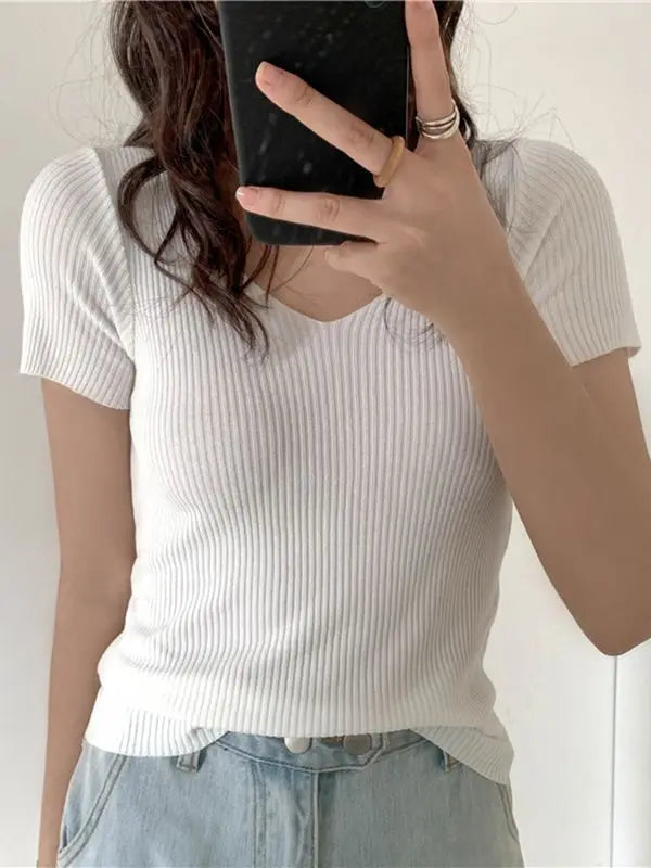 AOSSVIAO 2024 Basic V-neck Solid Thin Summer Pullover Women Female Knitted Ribbed Sweater Slim Short Sleeve Bodycon Sweater