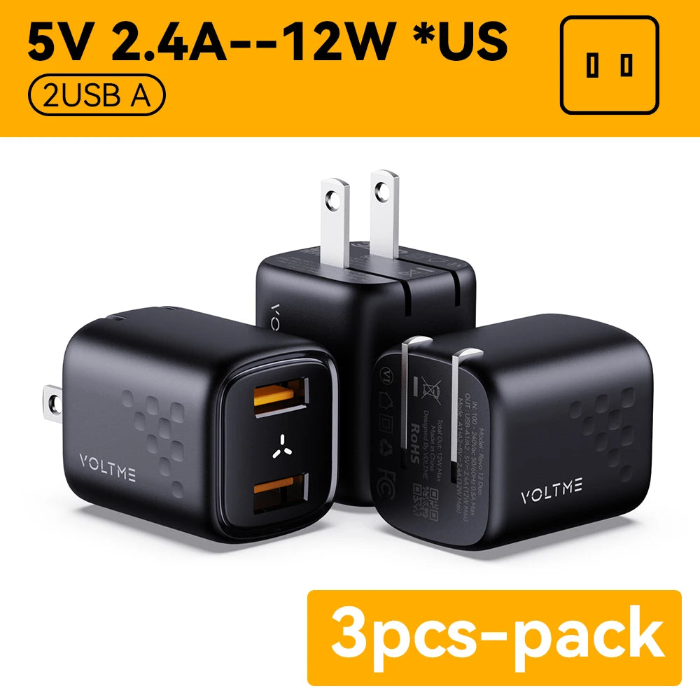 VOLTME 12W Pengecas USB Dwi Caj Cepat untuk iPhone 13 12 Pro Max Pengecas Perjalanan Mudah Alih Telefon Mudah Alih Pengecas Penyesuai Dinding Mini