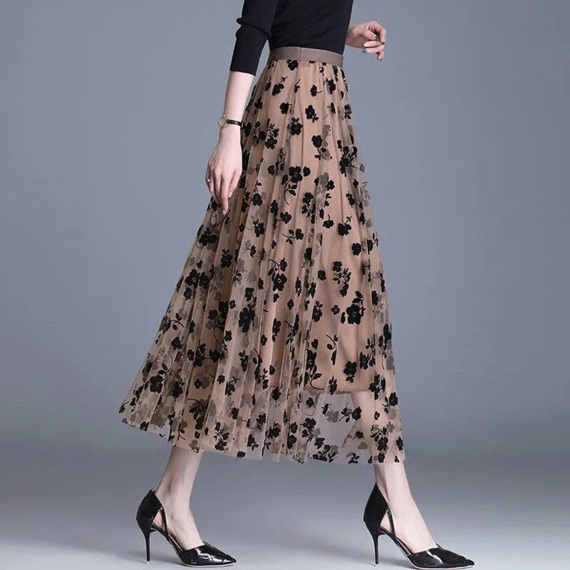 Skirt Bunga Mesh Wanita 2024 Musim Bunga Musim Panas Lace Berbondong-bondong Buaian Besar Elastik Pinggang Tinggi Fesyen Elegan Skirt A-line Skirt separuh