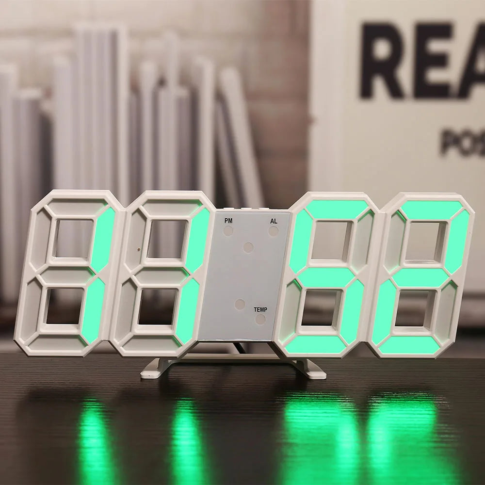 Jam Dinding Digital LED Penggera Tarikh Suhu Lampu Latar Automatik Meja Desktop Hiasan Rumah Stand gantung Jam Tiada Bateri