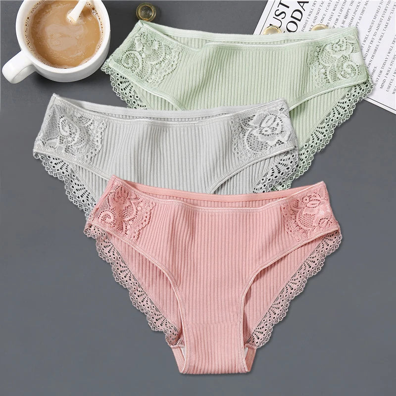 3Pcs/set Women's Cotton Panties M-2XL Women Patchwork Lace Underwear Sexy Low Waist Briefs Ladies Comfortable Underpants 2022
