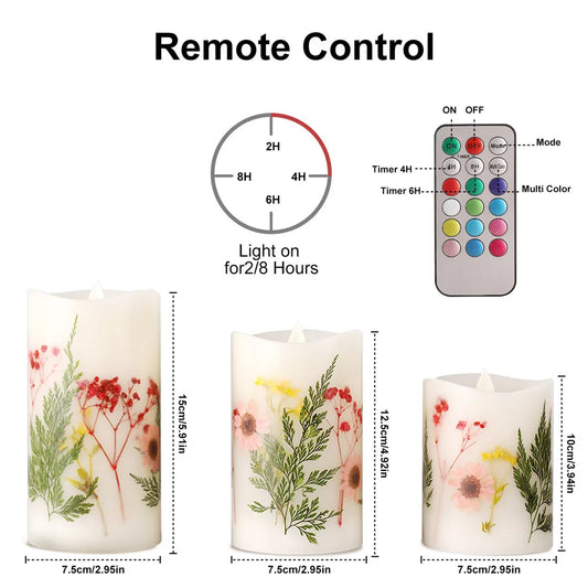 3pcs LED Electronic Candle Set Flameless Dried Flower Candle dengan Remote Control Night Light Untuk Hiasan Perkahwinan Pesta Percutian