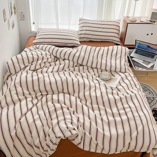 Siri Jalur Hijau Bercetak Set Tempat Tidur Lembut Sarung Selimut Seprai Seprai Sarung Bantal Cadar Rata Set Selimut untuk Kanak-kanak Perempuan