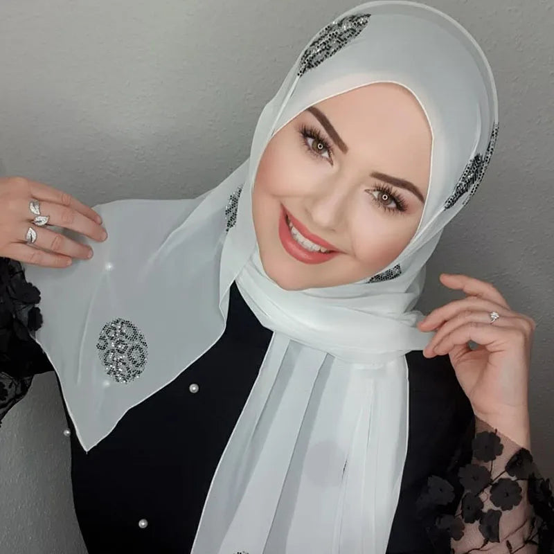 Serban Segera Muslim Berlian Imitasi Putih Chiffon Hijab Abaya Hijab untuk Wanita Abaya Jersi Glitter Head Scarf Dress Wanita Serban