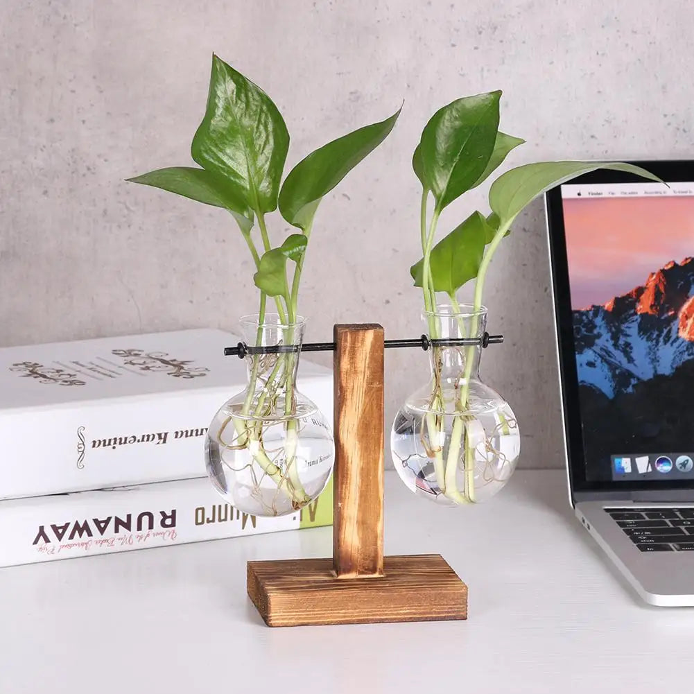 Pasu Kaca Lutsinar Bingkai Kayu Seni Besi Terarium Hiasan Meja Bonsai Pasu Bunga Meja Hidroponik Pot Bunga Tanaman