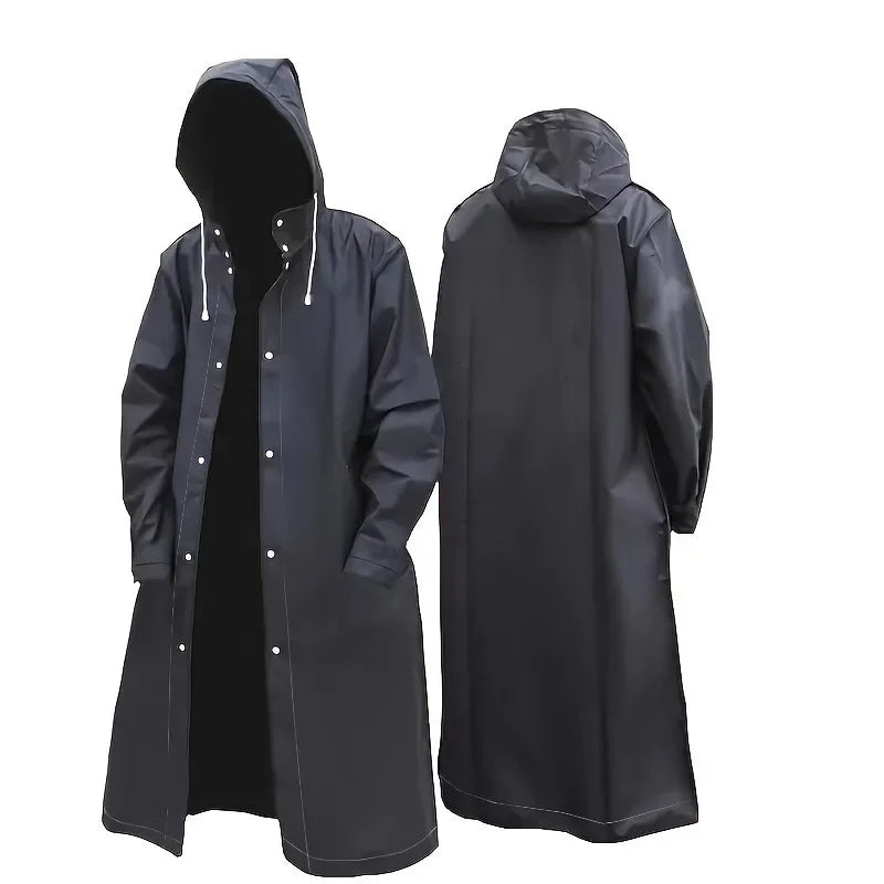Hitam Fesyen Hitam Baju Hujan Panjang Kalis Air Dewasa Baju Hujan Lelaki Bertudung Motosikal Luaran, Berbasikal, Kembara Berjalan Kaki, Memancing