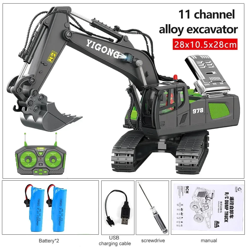 2.4G High Tech 11 Channels RC Excavator Dump Trucks Jentolak Aloi Kejuruteraan Plastik Kenderaan Mainan Elektronik Untuk Hadiah Lelaki