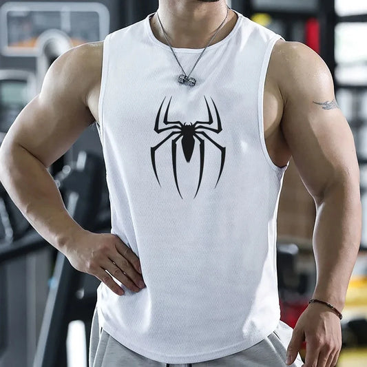 Kemeja T Gim untuk Lelaki Musim Panas Cetakan Labah-labah Kecergasan Atasan Kebugaran Jala Lelaki Baju Tanpa Lengan Bola Keranjang Pakaian Lelaki