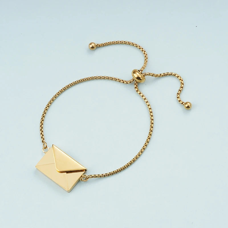 Envelope Bracelet with Gold/Rose Gold/Silver Color Stainless Steel Bracelet Adjustable Envelope Bracelet Bangle for Women