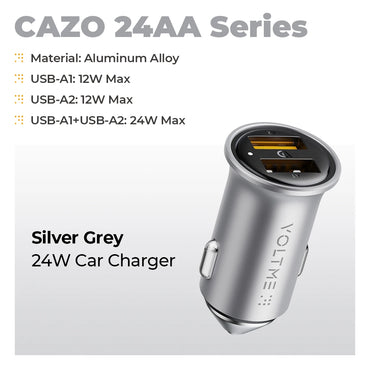 Pengecas Kereta Dual USB VOLTME 24W Aloi Aluminium Mini dengan LED Biru untuk iPhone 14 13 12 Pro Max pengecasan pantas dalam Pengecas kereta