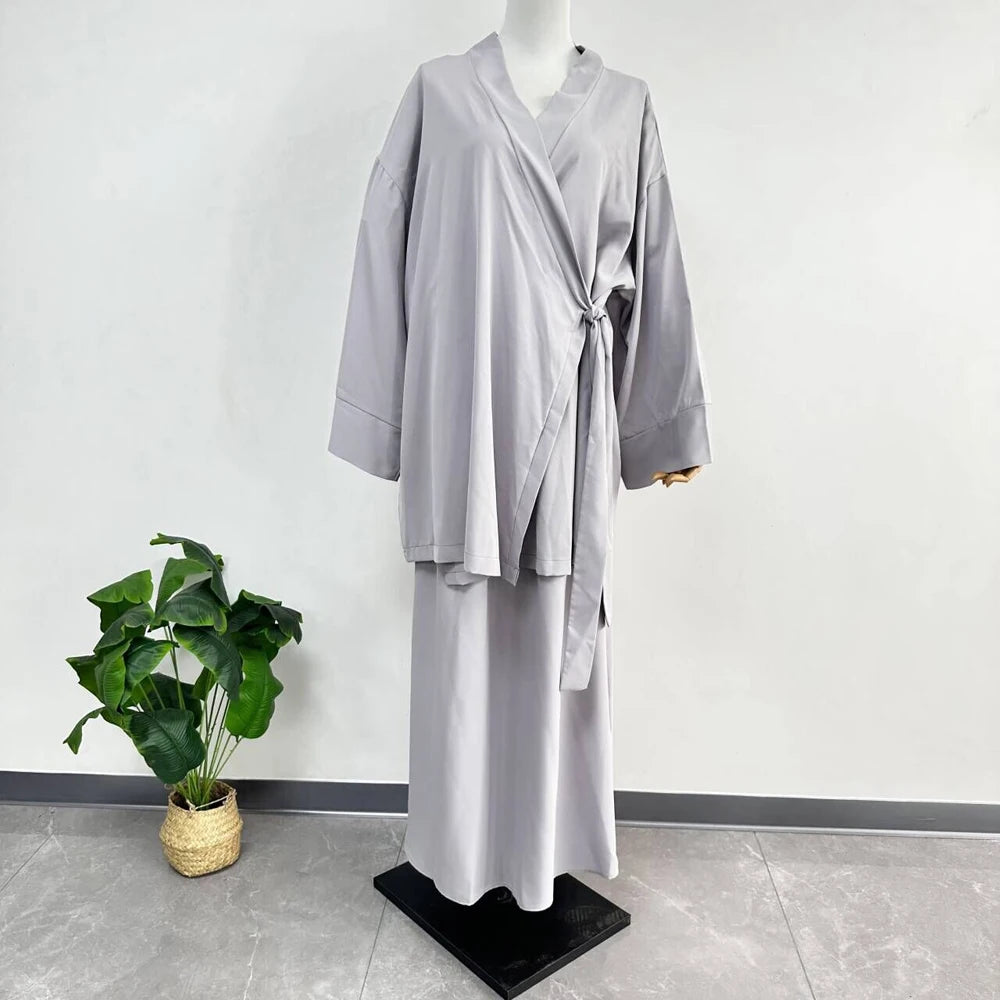 Nida Co Ord Set Kimono dengan Tali Skirt Ramadan Aidilfitri Pakaian Islam 2 Helai Set Wanita Muslimah Pakaian Sederhana Ensembles Musulman