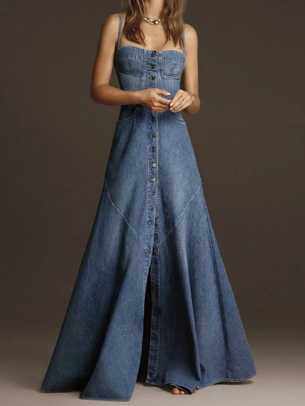 Pakaian Denim Wanita Tanpa Lengan Kolar Persegi Sling Jean Slim Fit Gaun Panjang Musim Panas Elegan Wanita Tali Spaghetti Maxi Jubah