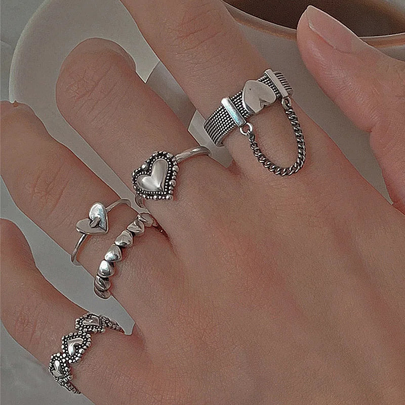 Trendy Golden Heart Rings For Women Minimalist Aesthetic Drop Of Oil Open Rings Female Dinner Party Charming Ring Set Jewelry