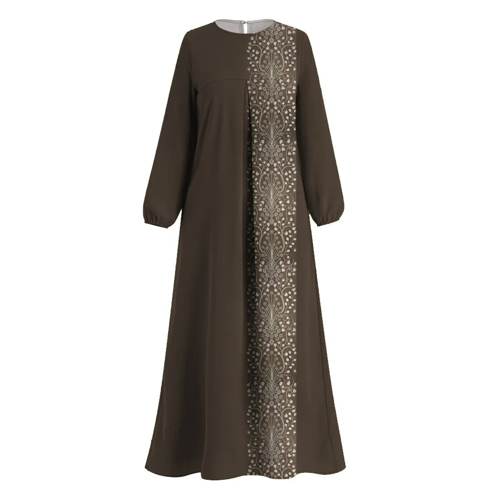 Muslim Islam Abaya Wanita Tiruan Cetak Renda Lengan Panjang O-neck Abaya Muslim Dress Femme Dubai Turki Kaftan Muslim Dress Jubah