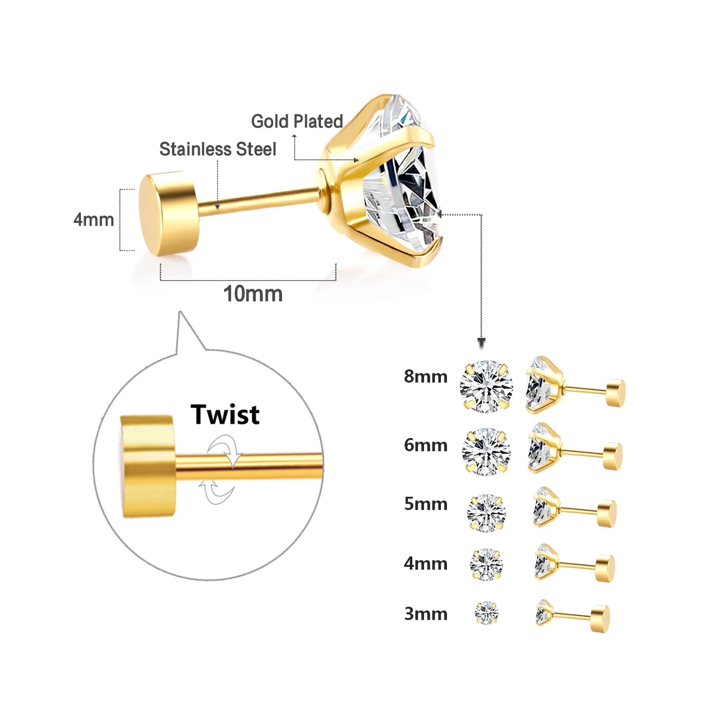 LUXUSTEEL 1Pair/2Pcs Anting-Anting Kancing Kristal Keluli Tahan Karat Untuk Wanita Lelaki 4 Serampang Tragus Bulat Jelas Cubic Zirconia Perhiasan Telinga