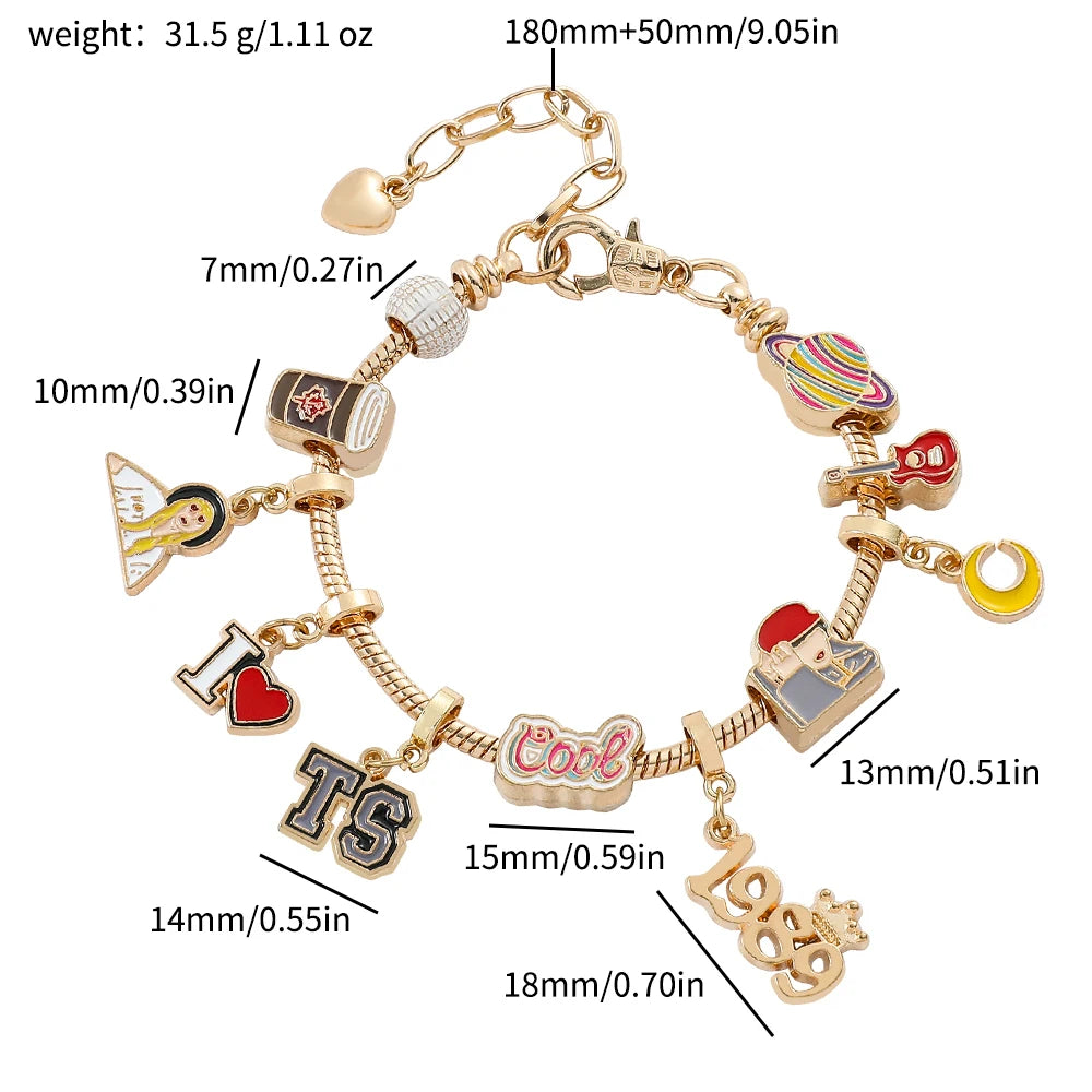 Taylor the Swift Charm Bracelet Lover Speak Now Midnight Reputation Music Album Pendants Dangle Bangle Jewelry Gifts for Fans