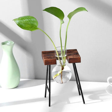 Pasu Kaca Lutsinar Bingkai Kayu Seni Besi Terarium Hiasan Meja Bonsai Pasu Bunga Meja Hidroponik Pot Bunga Tanaman