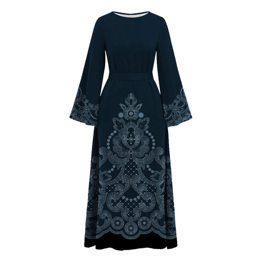 Muslim Islam Sederhana O-leher Hitam Abaya Demure Berkobar Lengan Muslim Abaya Lace Corak Cetak Dubai Maghribi Tunik Gaun Dengan Tali Pinggang