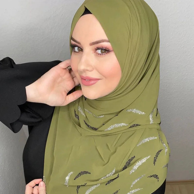 Serban Segera Muslim Berlian Imitasi Putih Chiffon Hijab Abaya Hijab untuk Wanita Abaya Jersi Glitter Head Scarf Dress Wanita Serban
