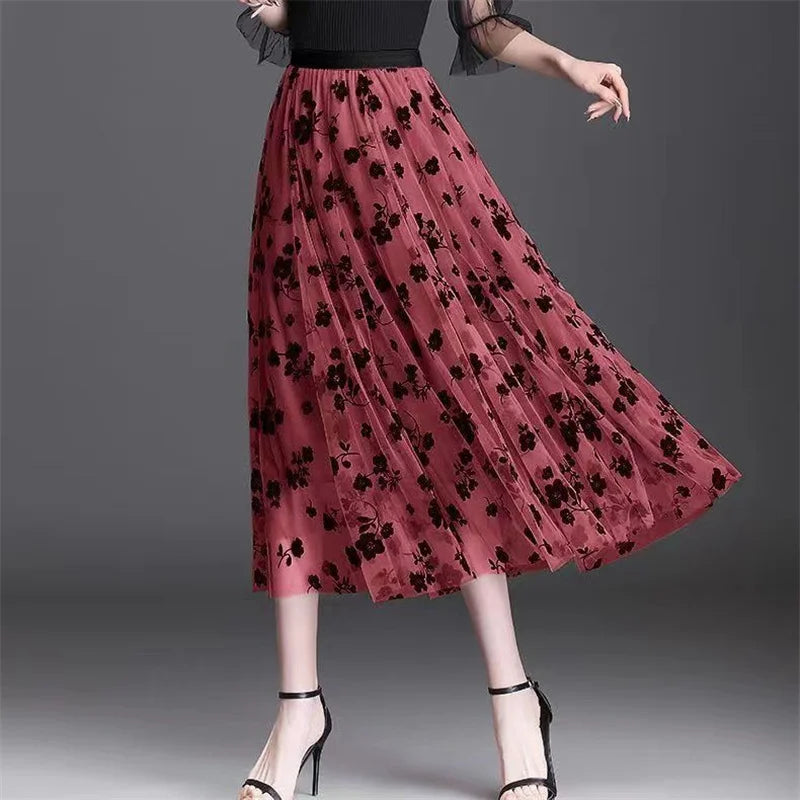 Skirt Bunga Mesh Wanita 2024 Musim Bunga Musim Panas Lace Berbondong-bondong Buaian Besar Elastik Pinggang Tinggi Fesyen Elegan Skirt A-line Skirt separuh