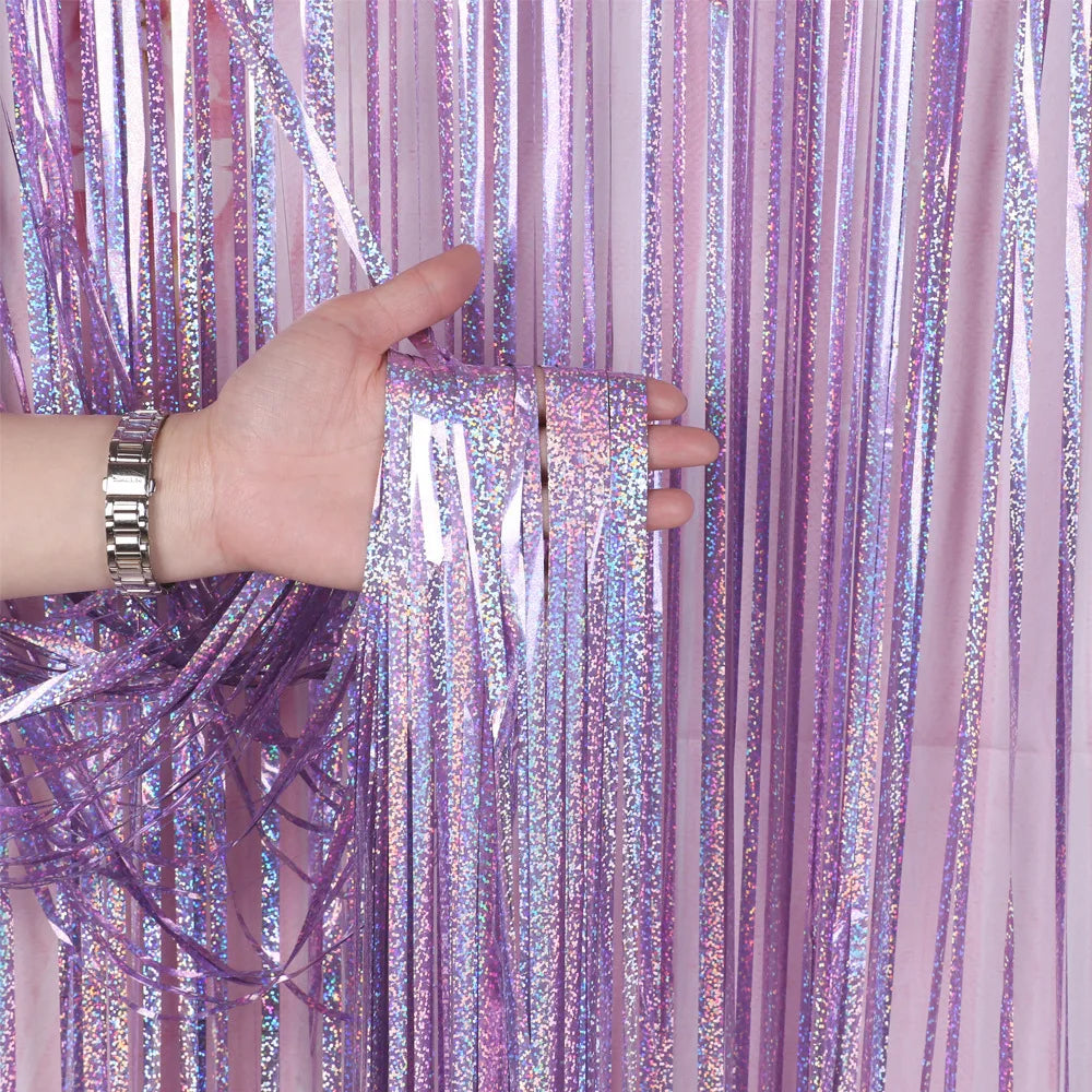 tinsel biru Tirai Kerajang Merah Jambu 1x3m Latar belakang pesta Emas Beige Green Foil Tirai Pinggiran 1m 2m Tirai