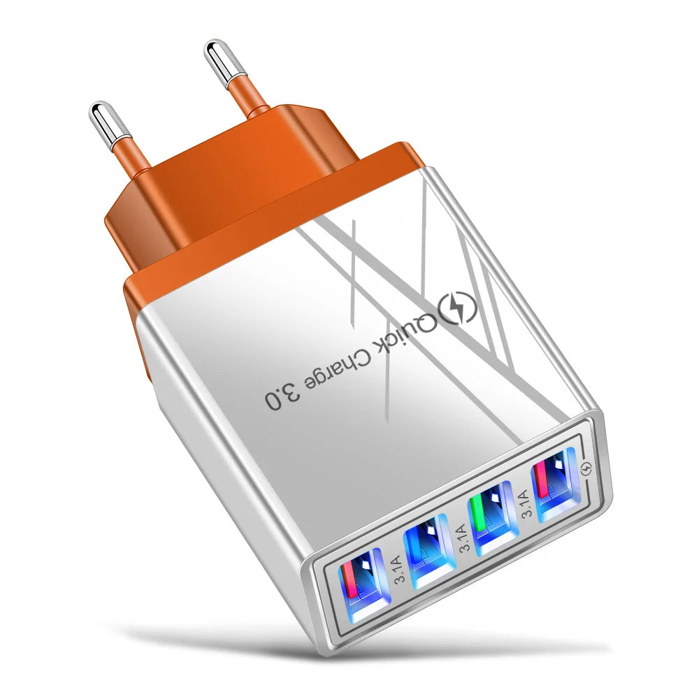 3.1A EU US 4USB Ports AC Perjalanan Rumah Pengecas Dinding Penyesuai Kuasa Untuk IPhone 12 13 14 15 Pro Max Samsung Xiaomi Huawei
