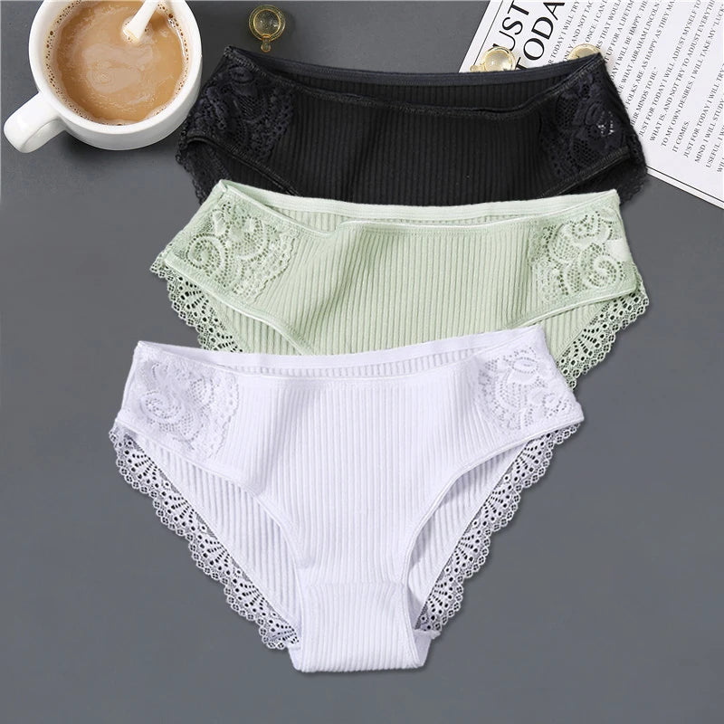 3Pcs/set Women's Cotton Panties M-2XL Women Patchwork Lace Underwear Sexy Low Waist Briefs Ladies Comfortable Underpants 2022
