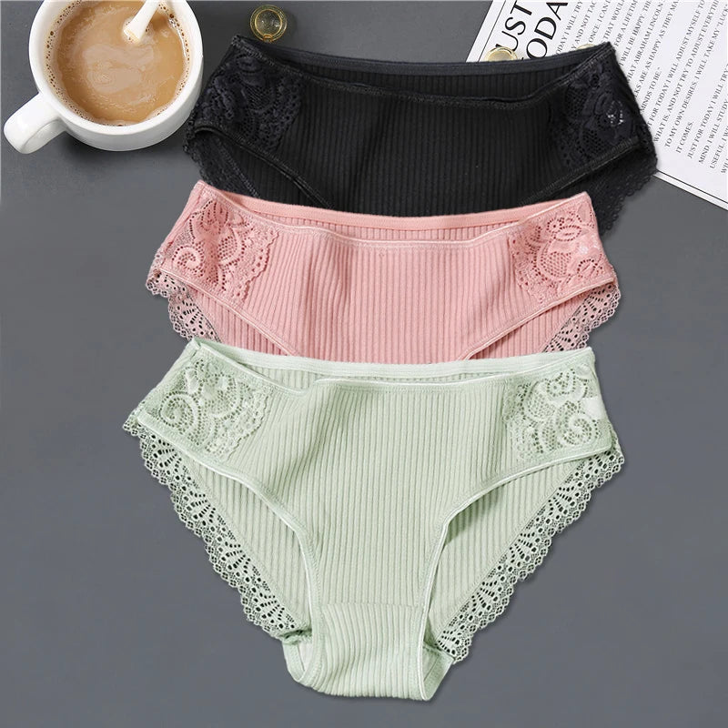 3Pcs/set Women's Cotton Panties M-2XL Women Patchwork Lace Underwear Sexy Low Waist Briefs Ladies Comfortable Underpants 2022