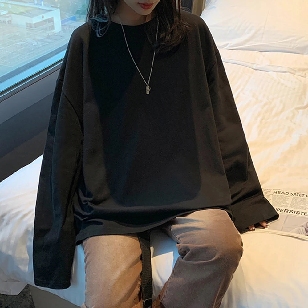 100% Cotton 2024 Spring New Long sleeve T-Shirt Women Basic Tee Shirt Oversize T Shirt Women Casual O-neck Women Tshirt US size