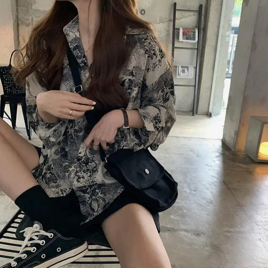 Baju Wanita Vintage Chic BF High Street Harajuku Cetak Pakaian Remaja Semua Padanan Popular Kasual Lengan Panjang Wanita Atasan Kalis Matahari