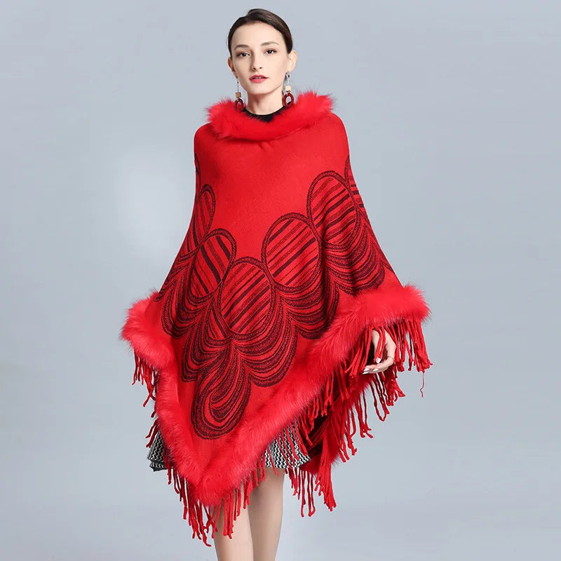 Musim sejuk Knitted Ponco Cape Bulu Pullover Longgar Wanita Segitiga Panjang Faux Cashmere Oversize Round Corak Rumbai Kot Outstreet