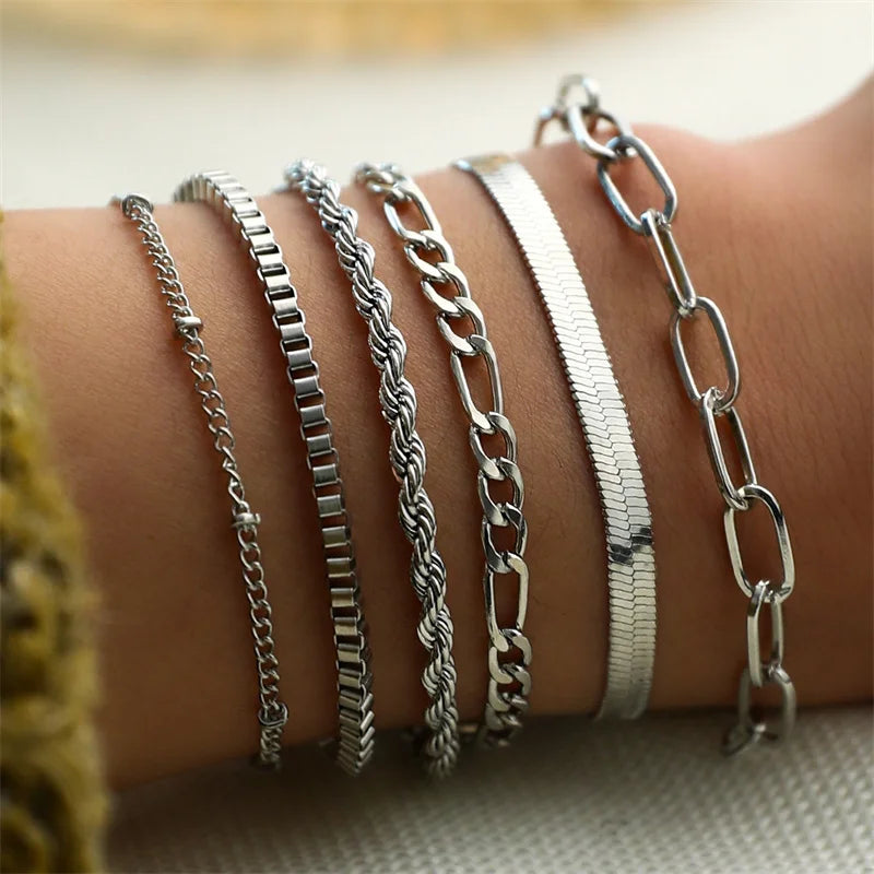 6Pcs/Set Fashion Thick Chain Link Bracelets Set For Women Gold Color Silver Color Metal Snake Chain Twist Bracelet Punk Jewelry