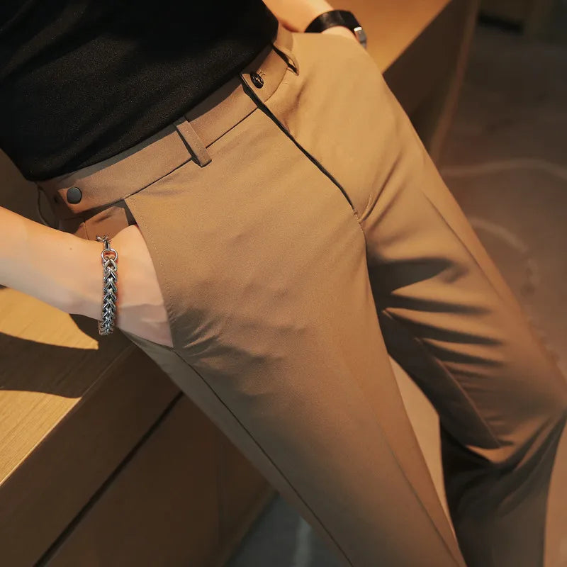 Men Dress Pants Summer Ankle Length Business Suit Pants For Men Fashion Elastic Waist Slim Fit Casual Business Office Trousers