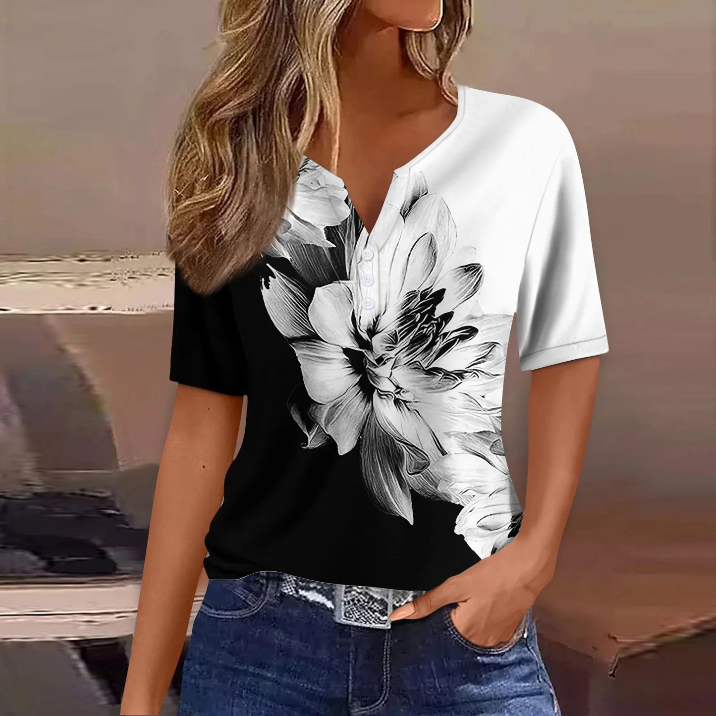 2024 Wanita Musim Panas Kasual T-shirt Fesyen Bercetak Harajuku Top Tees Streetwear Butang Asas Lengan Pendek V-Neck Tops Plus Saiz
