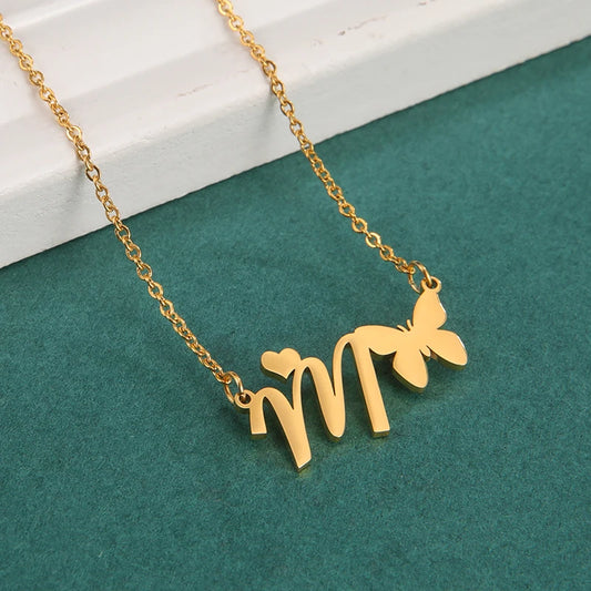 New Fashion 26 Initials Letter Pendant Butterfly Necklace for Women Elegant Stainless Steel Gold Color Necklace Jewelry Gift