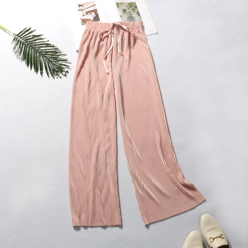Musim Bunga dan Musim Panas Seluar Kaki Lebar Berlipat Baru Pinggang Tinggi Gantung Seluar Kasual Longgar Chiffon Ice Silk Seluar Sembilan minit