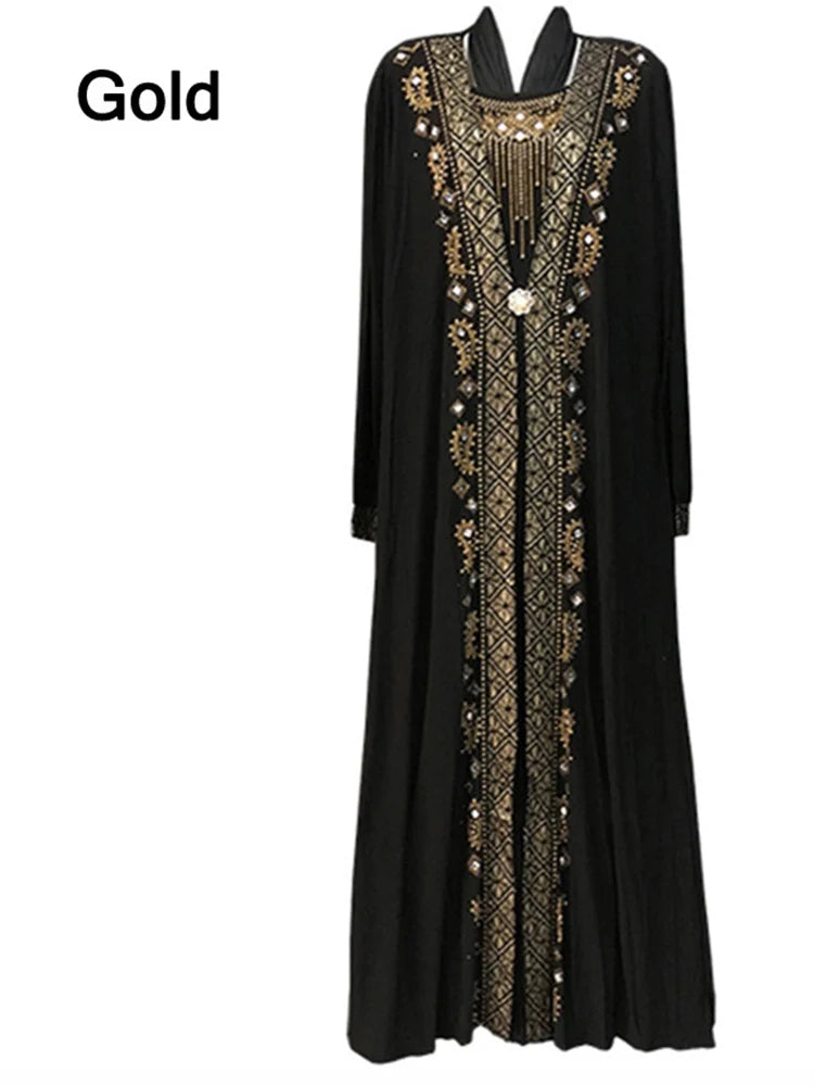 Dubai Arab Islam Abaya Wanita Muslim Gaun Panjang Manik-manik Manik-manik Jubah Kaftan Elegan Splice Maxi Gaun Pakaian Islam Kaftan