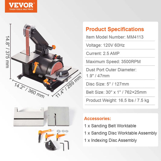 VEVOR Belt Disc Sander Combo with 5A/4.3A/2.5A Induction Motor Belt Sanding Machine Woodworking Deburring Grinder Combo Bench