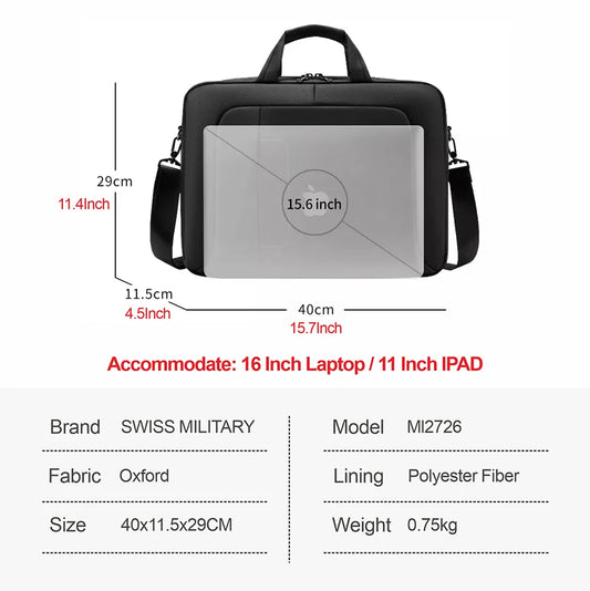SWISS MILITARY Men's Handbag Business Crossbody Bag New Large Capacity Waterproof Briefcase 16 " Laptop Bag Portable Office Bag