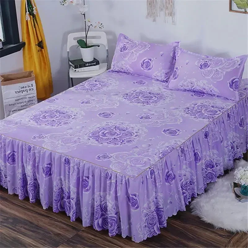 3PCS/Set Bed Sheet Set Flower Bedspread - Non-Slip Bed Dress Sheet for King/Queen Size 1.5M/1.8M/2M Beds Soft Home Bedding Cover