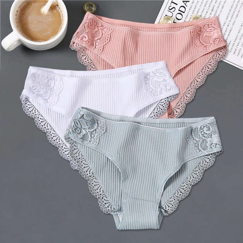3Pcs/set Women's Cotton Panties M-2XL Women Patchwork Lace Underwear Sexy Low Waist Briefs Ladies Comfortable Underpants 2022