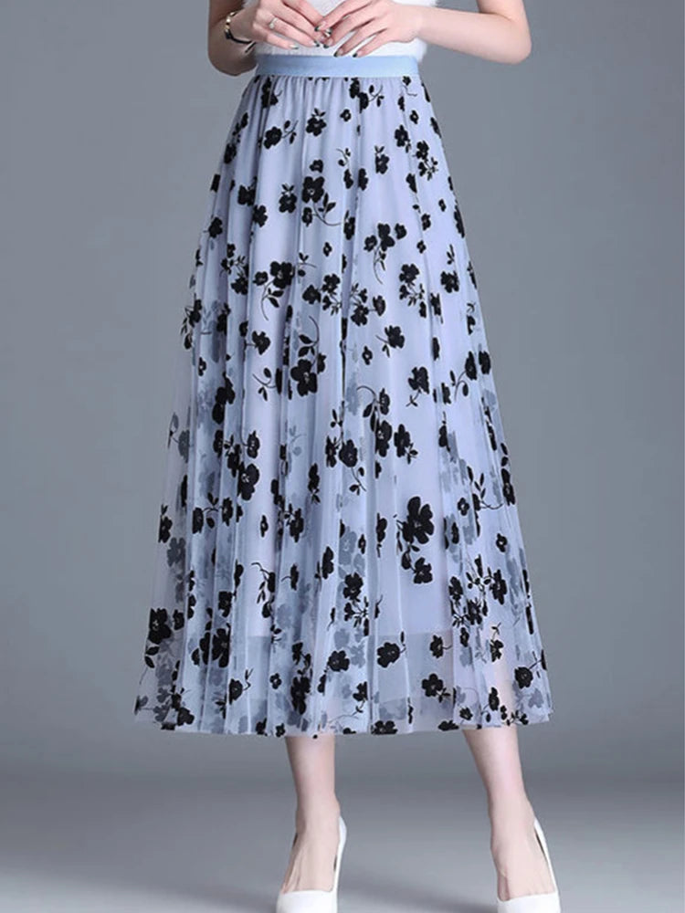 Skirt Bunga Mesh Wanita 2024 Musim Bunga Musim Panas Lace Berbondong-bondong Buaian Besar Elastik Pinggang Tinggi Fesyen Elegan Skirt A-line Skirt separuh